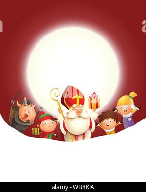Krampus Saint-nicolas et les enfants font la fête vacances en face de lune - Fond rouge avec copie espace Illustration de Vecteur