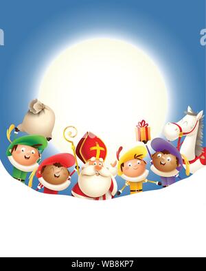 Saint Nicolas et ses amis de célébrer en face de lune - Fond bleu avec copie espace Illustration de Vecteur