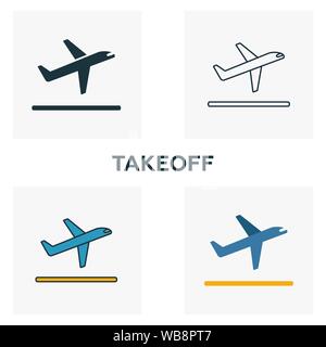 Le décollage icon set. Quatre éléments dans diférents styles à partir d'icônes de l'aéroport de collection. Décollage créatif rempli d'icônes de couleur, contours, symboles et télévision Illustration de Vecteur