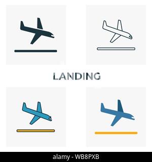 L'atterrissage icon set. Quatre éléments dans diférents styles à partir d'icônes de l'aéroport de collection. Icônes d'atterrissage créatif rempli, contours, couleurs et symboles télévision Illustration de Vecteur