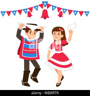 Cute cartoon danse enfants danse traditionnelle Cueca dans une fonda, célébrant de chilien Dieciocho. Garçon et fille en costume national sur les Fêtes Illustration de Vecteur