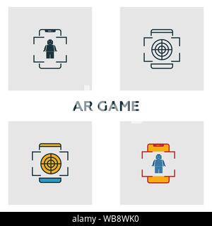 Jeu de réalité augmentée icon set. Quatre éléments dans diférents styles à partir d'icônes de l'appareil visuel collection. Jeu de réalité augmentée créatif rempli d'icônes Illustration de Vecteur