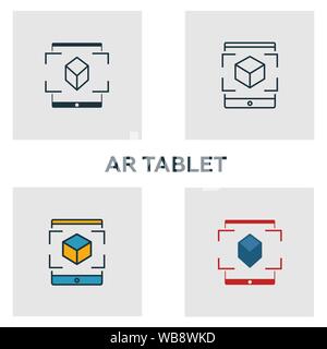 La réalité augmentée en comprimé icon set. Quatre éléments dans diférents styles à partir d'icônes de l'appareil visuel collection. La réalité augmentée créatrice icônes tablette Illustration de Vecteur