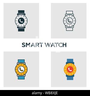 Smart Watch icon set. Quatre éléments dans diférents styles à partir d'icônes de l'appareil visuel collection. Creative smart watch rempli d'icônes de couleur, contours, et Illustration de Vecteur