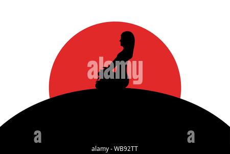 Girl sitting in lotus position sur une colline, coucher de soleil, silhouette art image, vecteur illustration isolé sur fond blanc Illustration de Vecteur