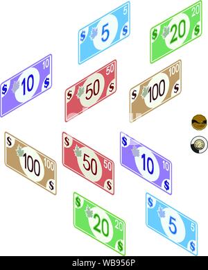 L'argent canadien, les projets de loi 5, 10, 20, 50 et 100 pièces, 1 et 2 dollars. Les rendus graphique en couleur Illustration de Vecteur