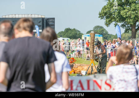 Tabley, Cheshire, Royaume-Uni. Août 25, 2019. La 15e English Open Chainsaw compétition à la Cheshire County Showground, Angleterre - la foule se rassembler autour d'elle pour regarder les 30 minutes concours défi Crédit : John Hopkins/Alamy Live News Banque D'Images