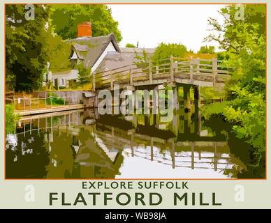 Billet poster à partir d'une photo de Bridge Cottage, sur le moulin de Flatford Suffolk, Essex, Angleterre, RU boarder Banque D'Images