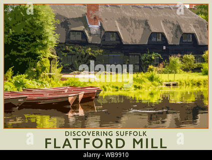 Billet poster à partir d'une photo de moulin de Flatford sur l'Essex, de Suffolk, Angleterre Royaume-uni boarder. Banque D'Images