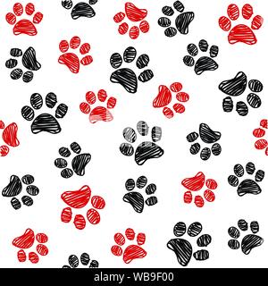 Modèle sans couture avec doodle pattes de chien. Couleur rouge et noir imprimé animal. Vector background. Illustration de Vecteur