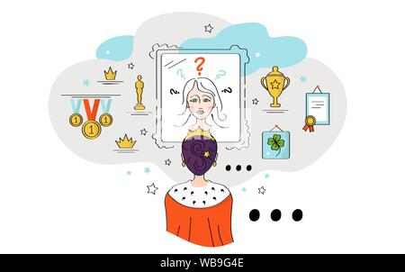 Illustration vectorielle, fille, femme, dans l'état d'une princesse, la reine, le regarde dans le miroir, des doutes elle-même. Coupes, médailles, diplômes, diplômes sur le shel Illustration de Vecteur