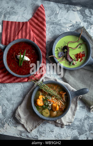 Les plaques gris avec des soupes différentes sur un fond gris. La plaque avec la Soupe aux asperges avec octopus, une assiette de bortsch traditionnel avec de la crème, une plaque Banque D'Images