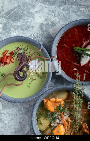 Les plaques gris avec des soupes différentes sur un fond gris. La plaque avec la Soupe aux asperges avec octopus, une assiette de bortsch traditionnel avec de la crème, une plaque Banque D'Images