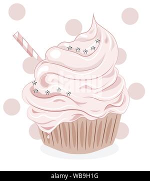 Cupcake à la crème rose décoré d'étoiles Illustration de Vecteur