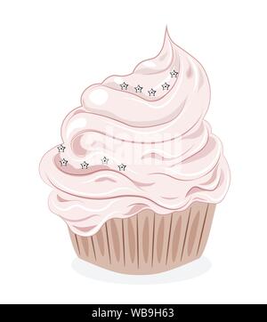 Cupcake à la crème rose décoré d'étoiles Illustration de Vecteur