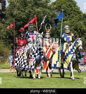 Les visiteurs au château de Hever dans le Kent a eu la chance de regarder un écran et concours de joutes oratoires sur le bank holiday weekend mis sur pied par une équipe de l'Ordre des Chevaliers de l'Angleterre Royale. Les chevaux et les hommes ont concouru en armure complète comme foules affluaient vers les jardins du château dans le temps chaud. Banque D'Images