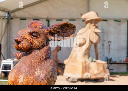 Knutsford, Cheshire, Royaume-Uni. 25 août 2019. La 15e English Open Chainsaw compétition à la Cheshire County Showground, Angleterre - un lièvre est situé en face de la grande tente d'Beetlestone Ant Crédit : John Hopkins/Alamy Live News Banque D'Images