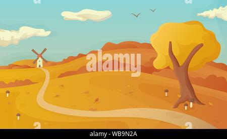 Paysage d'automne avec des champignons et des feuilles tombées background Illustration de Vecteur