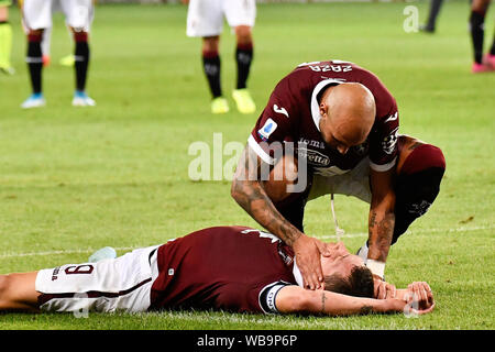 Andrea Belotti et Simone Zaza (Torino FC) au cours de la Serie A TIM match de football entre Torino FC et l'US Sassuolo au Stadio Grande Torino le 25 août 2019 à Turin, Italie. Banque D'Images