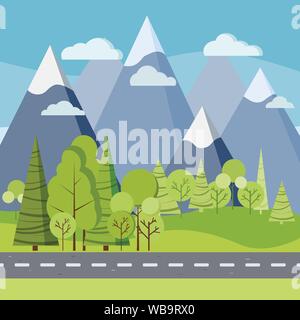 Journée d'été contexte country road in green field avec arbres et montagnes. Illustration de Vecteur