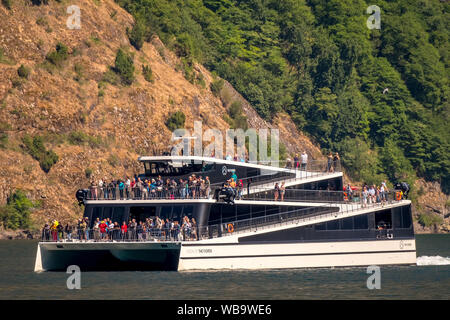 Les fjords, catamaran, excursion de bateau, fjord, Naerøyfjorden, parois rocheuses, arbres, Styvi, Sogn og Fjordane, Norvège, Scandinavie, l'Europe, ni de voyage, voyage, visite Banque D'Images