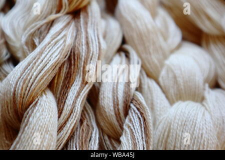 En coton biologique blanc et brun naturel non teint de couleurs. Les chaînes de tissage tissu prêt pour faire Banque D'Images