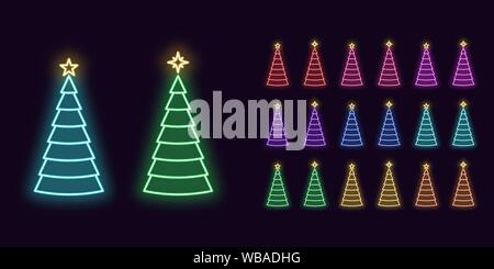 Arbre de Noël avec Neon Star, icône de fête décoration. Haut de l'arbre de Noël au style du contour néon. Silhouette rougeoyante, signe minimaliste et sym. Illustration de Vecteur