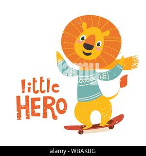 Cute little hero illustration avec un lion sur planche Illustration de Vecteur