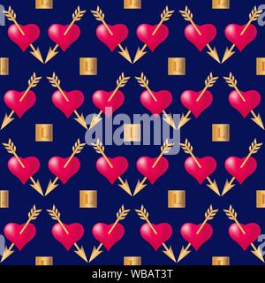 Motif de fond transparent avec des coeurs percés de flèches d'or. Valentines Day holidays typographie. Vector EPS10. Illustration de Vecteur