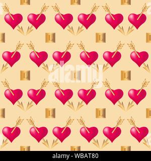 Motif de fond transparent avec des coeurs percés de flèches d'or. Valentines Day holidays typographie. Vector EPS10. Illustration de Vecteur