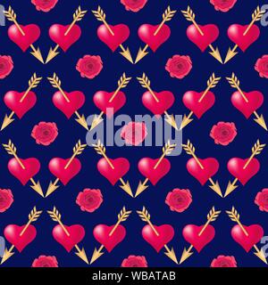 Motif de fond transparent avec des coeurs percés de flèches d'or et de roses. Valentines Day holidays typographie. Vector EPS10. Illustration de Vecteur