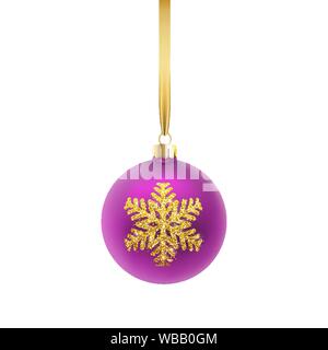 Carte de vœux de Noël. Bal de Noël violet, d'un ornement et or snowflake. Vector illustration sur blanc fond isolé Illustration de Vecteur