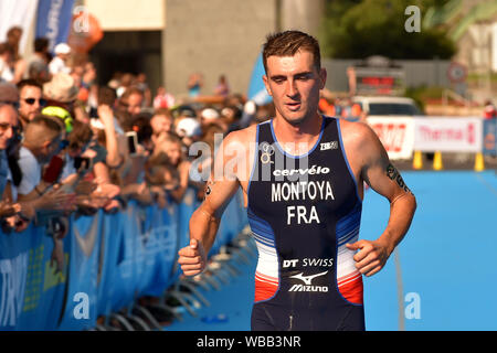 Karlovy Vary, République tchèque. Août 25, 2019. Samuel Dickinson de Grande-Bretagne, a remporté la Coupe du monde de triathlon hommes à Karlovy Vary, République tchèque, le 25 août 2019, suivi par Raphaël Montoya de France (en photo) et de la Grant Sheldon. Credit : Slavomir Kubes/CTK Photo/Alamy Live News Banque D'Images