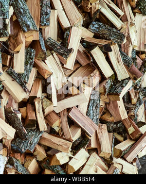 Une pile de bois perforée. Le bois récolté pour la cuisinière. Banque D'Images