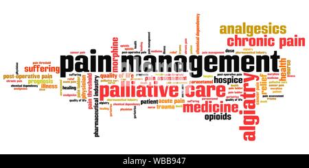 La gestion de la douleur et soins palliatifs et Nuage de mots concepts illustration. Collage mot concept. Banque D'Images