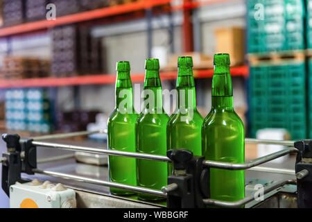 Vert quatre bouteilles en verre de cidre de pomme sur ligne d'embouteillage à l'usine Banque D'Images