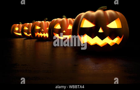 De nombreuses citrouilles d'Halloween dans une rangée sur sombre avec copie espace arrière-plan. Le Rendu 3D illustration Banque D'Images