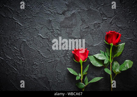 Deux roses rouges sur un fond en pierre sombre, noir. Place pour le texte. Banque D'Images