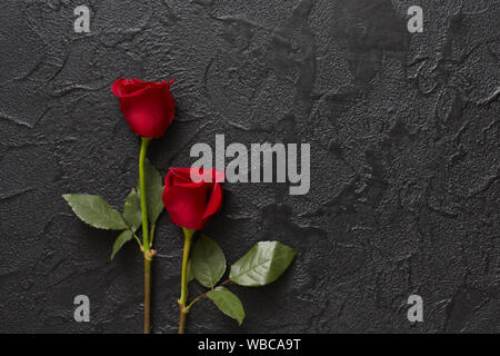 Deux roses rouges sur un fond en pierre sombre, noir. Place pour le texte. Banque D'Images