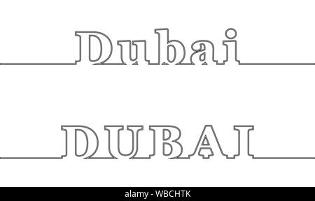 Dubaï. La ligne du contour avec le nom de la ville. Les lettres majuscules et minuscules Illustration de Vecteur