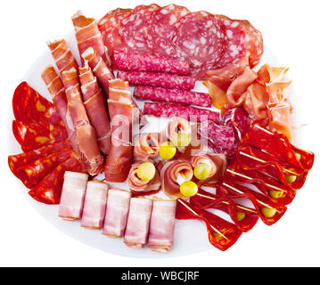 Tranches de salés à sec espagnol gammon, variété de saucisses et bacon servi avec des olives sur plaque ronde. Plus isolé sur fond blanc Banque D'Images