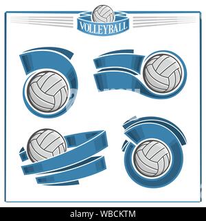 Logo Vector pour vintage emblème de volley-ball avec des boules de rubans bleus pour le texte, isolé sur fond blanc. Illustration de Vecteur