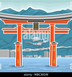 L'affiche de vecteur symbole avec le Japon - japonais Torii, composition du monument national d'Itsukushima torii gate sacré sur fond de mer et montagne Illustration de Vecteur