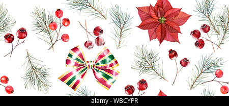 Aquarelle de Noël motif transparent. Illustration peinte à la main avec des arbres de pin, fruits rouges, arcs et poinsettia. Maison de vacances d'hiver isolé d'arrière-plan Banque D'Images