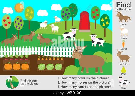 Page de l'activité, des animaux de ferme et de jardin dans le style cartoon, trouver des images et répondre aux questions d'éducation visuelle, jeu pour le développement de l'enfant, Illustration de Vecteur