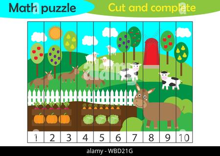 Énigme mathématique, d'animaux de ferme et dans le jardin de style dessin animé, jeu de l'éducation pour le développement des enfants d'âge préscolaire, l'utilisation des ciseaux, couper des parties de l'image et Illustration de Vecteur