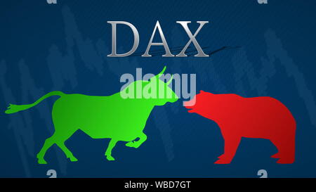 Illustration de l'impasse entre les haussiers et les baissiers du marché allemand dans la puce bleue indice DAX. Un taureau rouge vert par rapport à un ours avec un... Banque D'Images