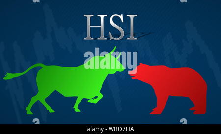 Illustration de l'impasse entre les haussiers et les baissiers du marché à la bourse de Hong Kong Hang Seng Index ou HSI. Un green bull par rapport à un ours rouge... Banque D'Images