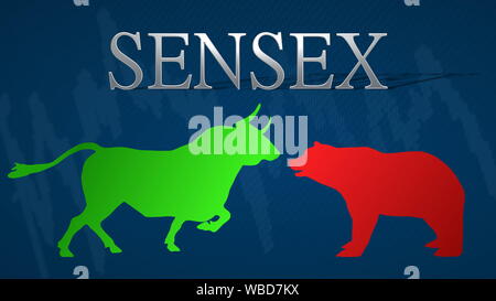 Illustration de l'impasse entre les haussiers et les baissiers du marché à la BSE SENSEX index de la bourse de Bombay Stock Exchange. Un taureau rouge vert par rapport à un... Banque D'Images