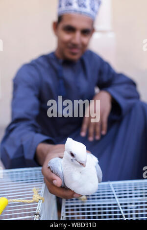 Montrant l'homme de vendre des oiseaux au marché au bétail, Nizwa, Sultanat d'Oman Banque D'Images